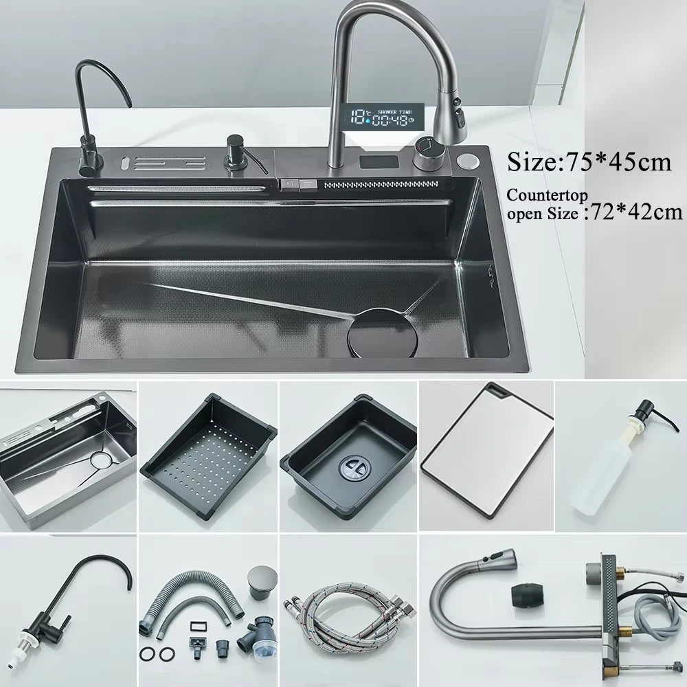 MYQualife 304 Stainless Steel Waterfall Kitchen Faucet Set SoapDispenser