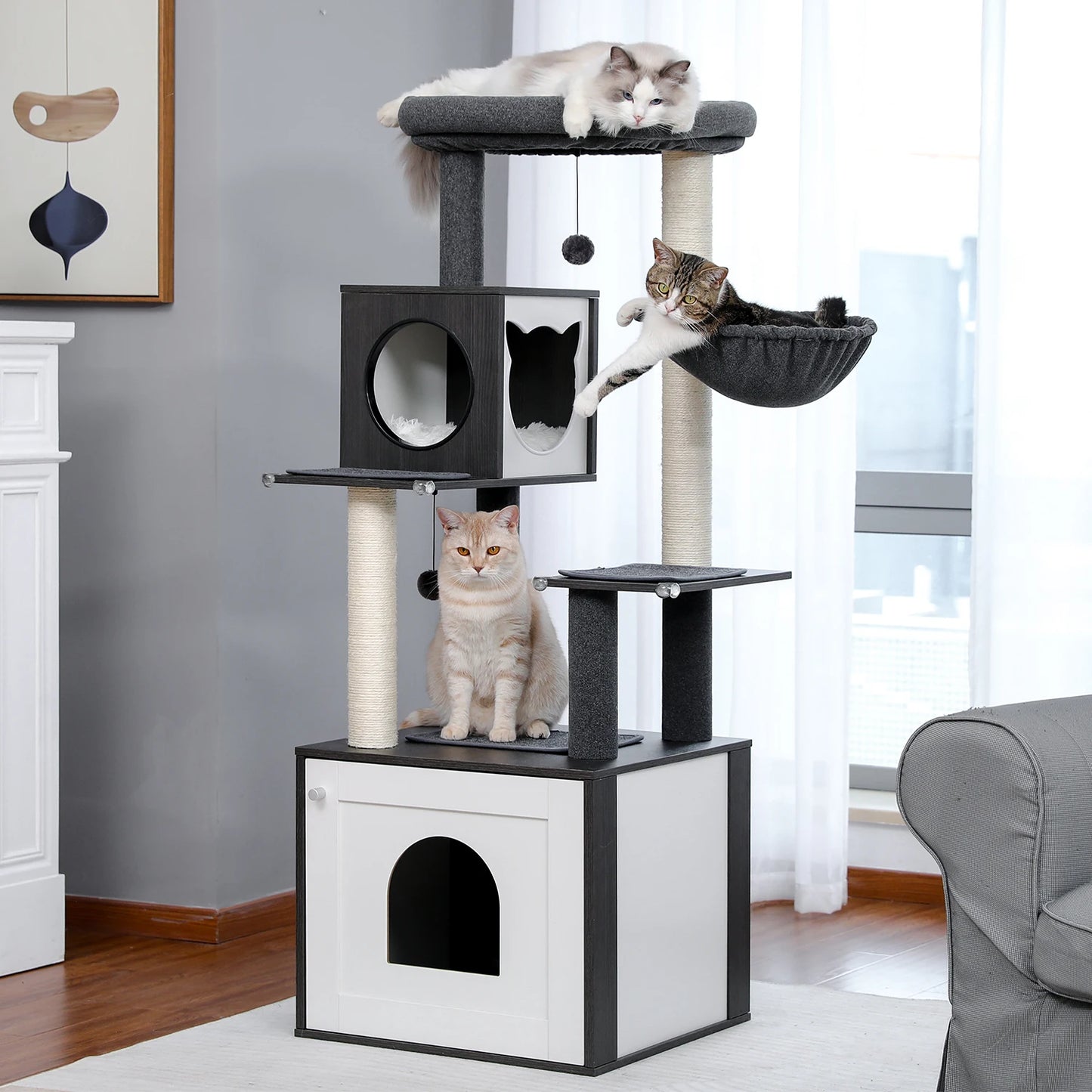 PEQULTICN Cat Tree Tower Litter Box Wood Structure Storage