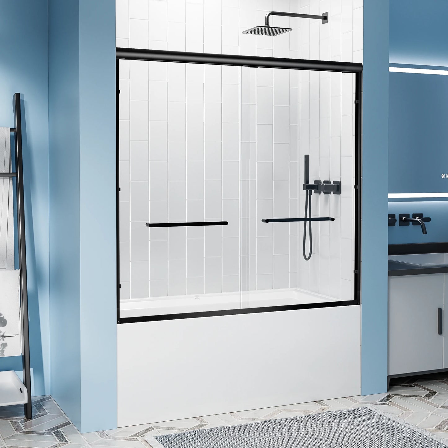 56-60"x57" H Tub Shower Door, Aluminum Frame Double Sliding Shower Door, 1/4"(6mm) Tempered Glass Bathroom Glass Sliding Door