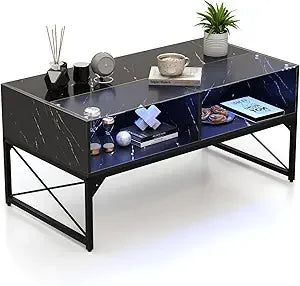 LED Coffee Table With Tempered Glass Top And Storage Cubes
