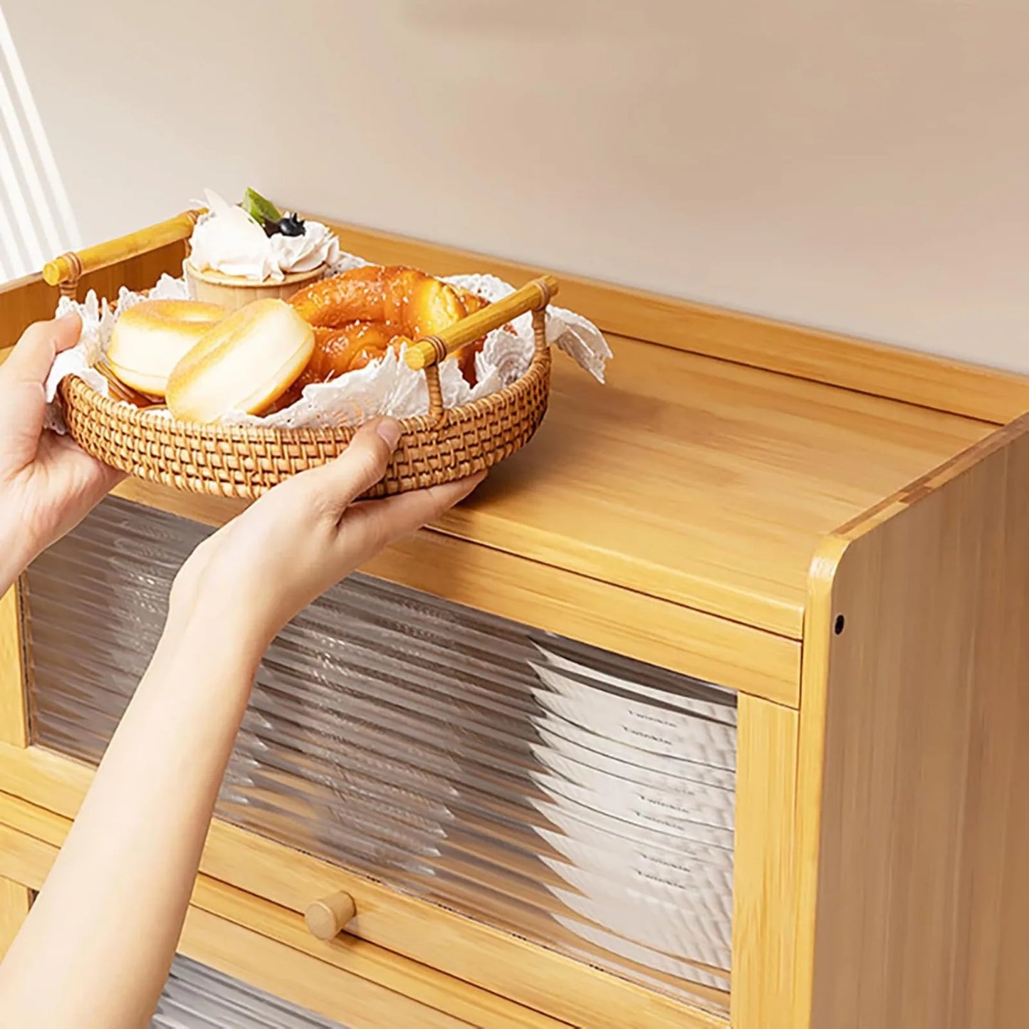 Each 2 Tier Bamboo Kitchen Storage Cabinet With Clear Acrylic Doors