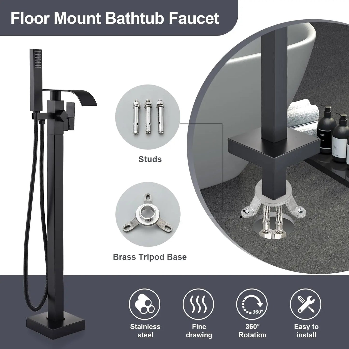 Black Waterfall Free Standing Tub Faucet Floor Tub Filler Faucet Brass Bathroom Tub Faucets with Hand Shower