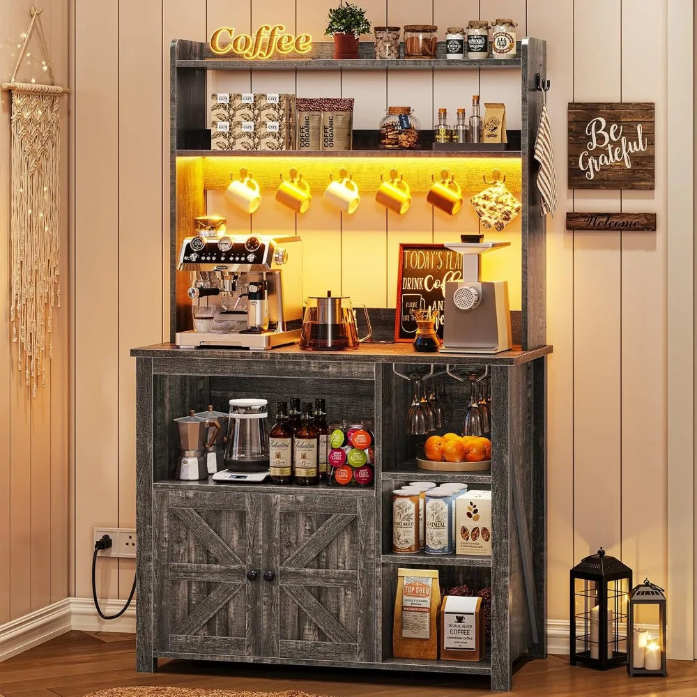 RBXC Coffee Bar Cabinet With Power Outlet Hutch LED Lights