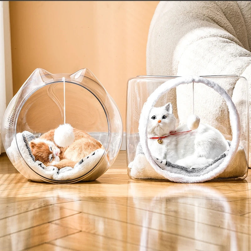 NONECN Space Capsule Cat Bed Semi Enclosed Transparent Plastic Villa With Ball