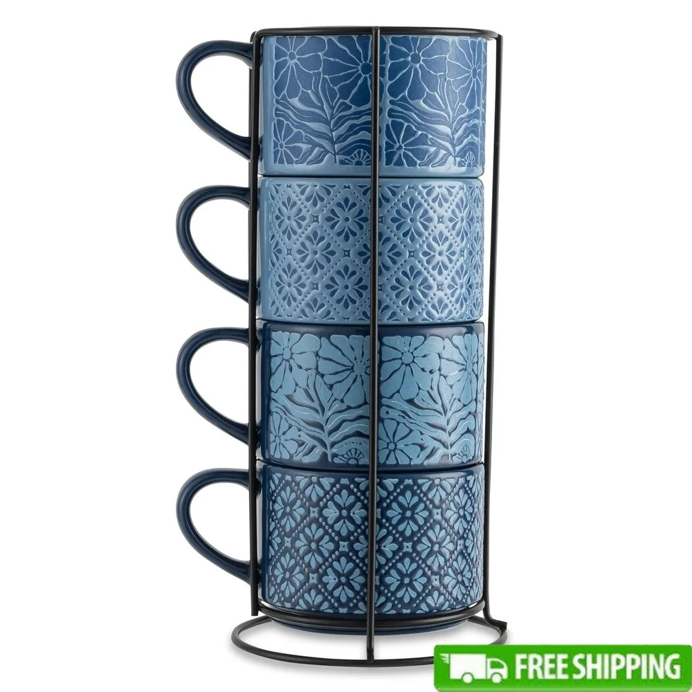 NONEDrinkware 4 Pack Stackable Mugs Floral Geometric Stoneware
