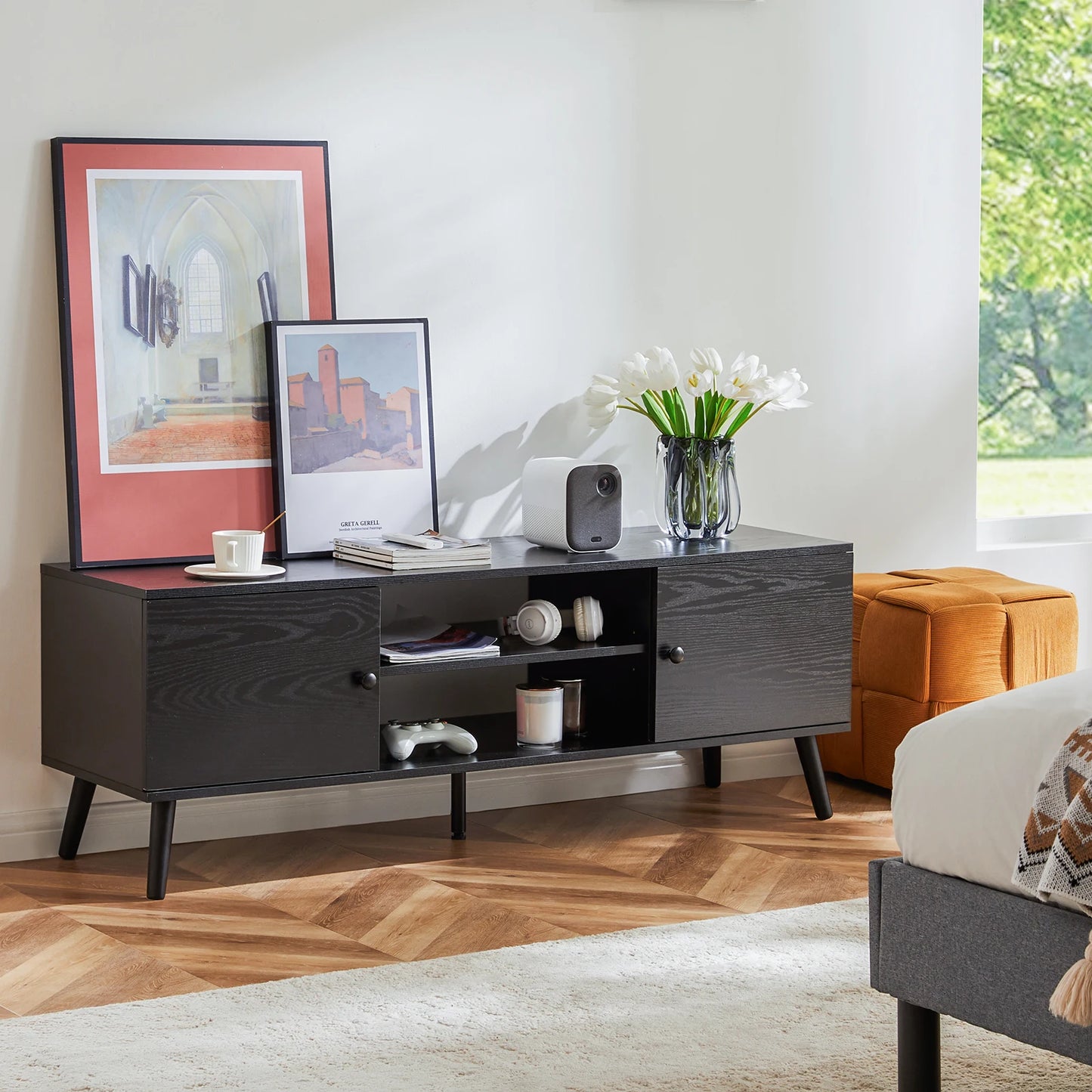 JHK Wooden Fireplace TV Stand Entertainment Center With Adjustable Shelf