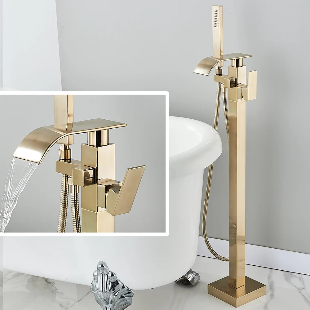 Black Waterfall Free Standing Tub Faucet Floor Tub Filler Faucet Brass Bathroom Tub Faucets with Hand Shower