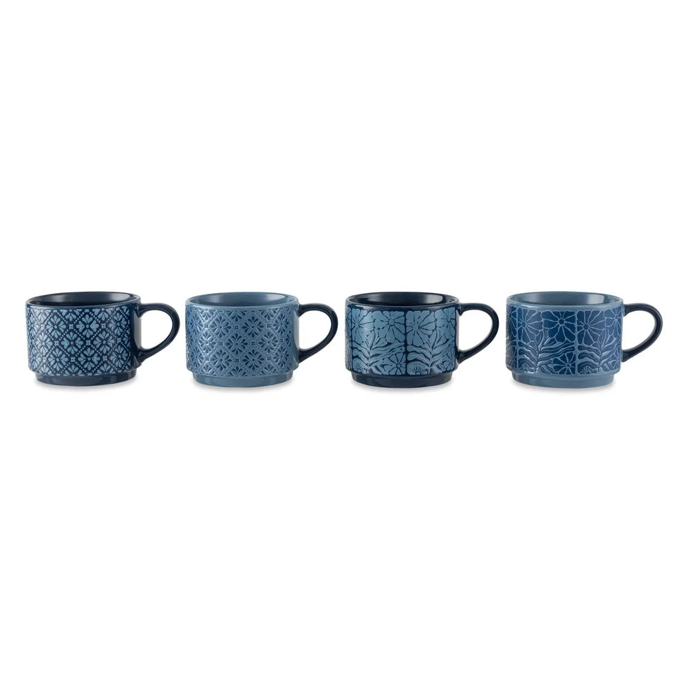 NONEDrinkware 4 Pack Stackable Mugs Floral Geometric Stoneware