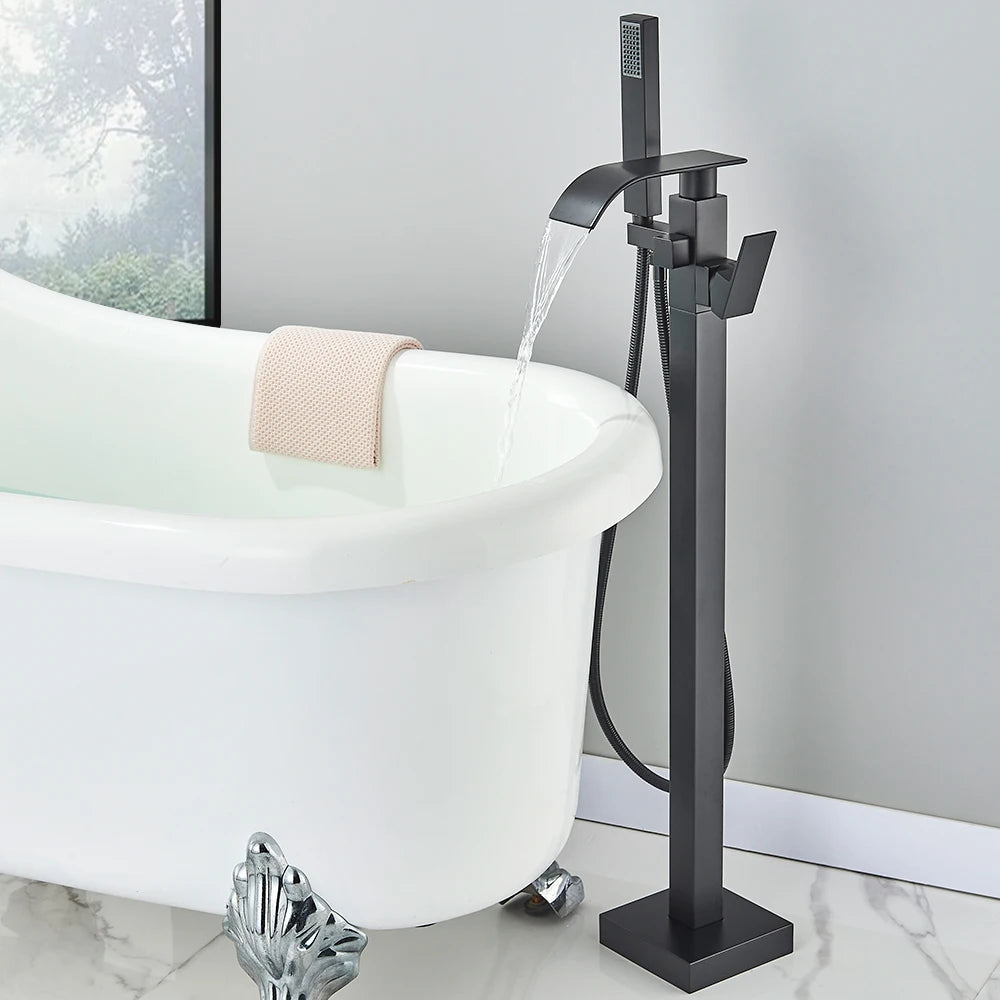 Black Waterfall Free Standing Tub Faucet Floor Tub Filler Faucet Brass Bathroom Tub Faucets with Hand Shower
