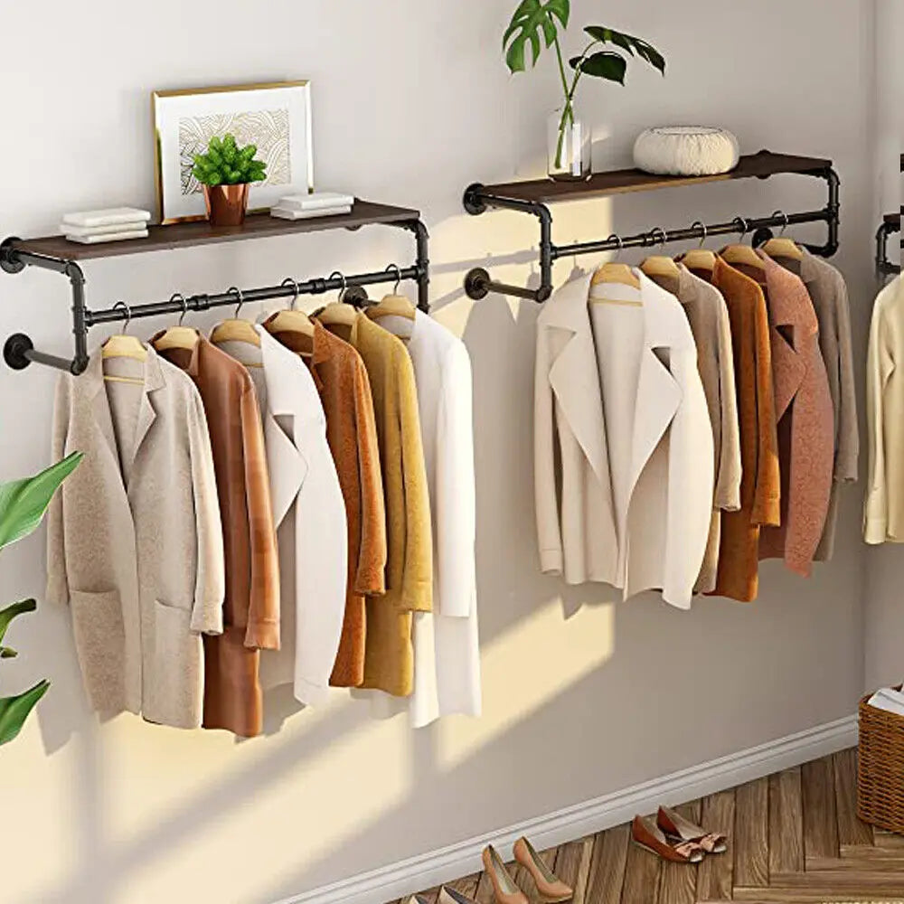 Industrial Pipe Clothing Rack Wall Mounted Wood Shelf